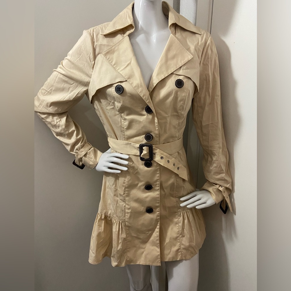 Bebe Trench Coat Dress Dark Sand w/ Belt & Brown Buttons Size Lg